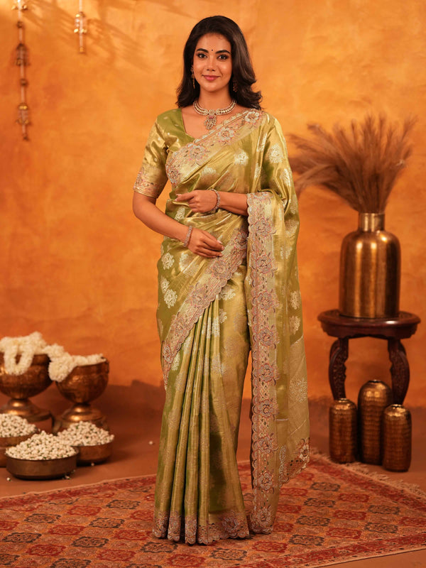 Mehendi Green Banarasi Silk Saree with Floral Zari Butti & Scalloped Embroidered Border | Festive & Wedding Wear Designer Saree