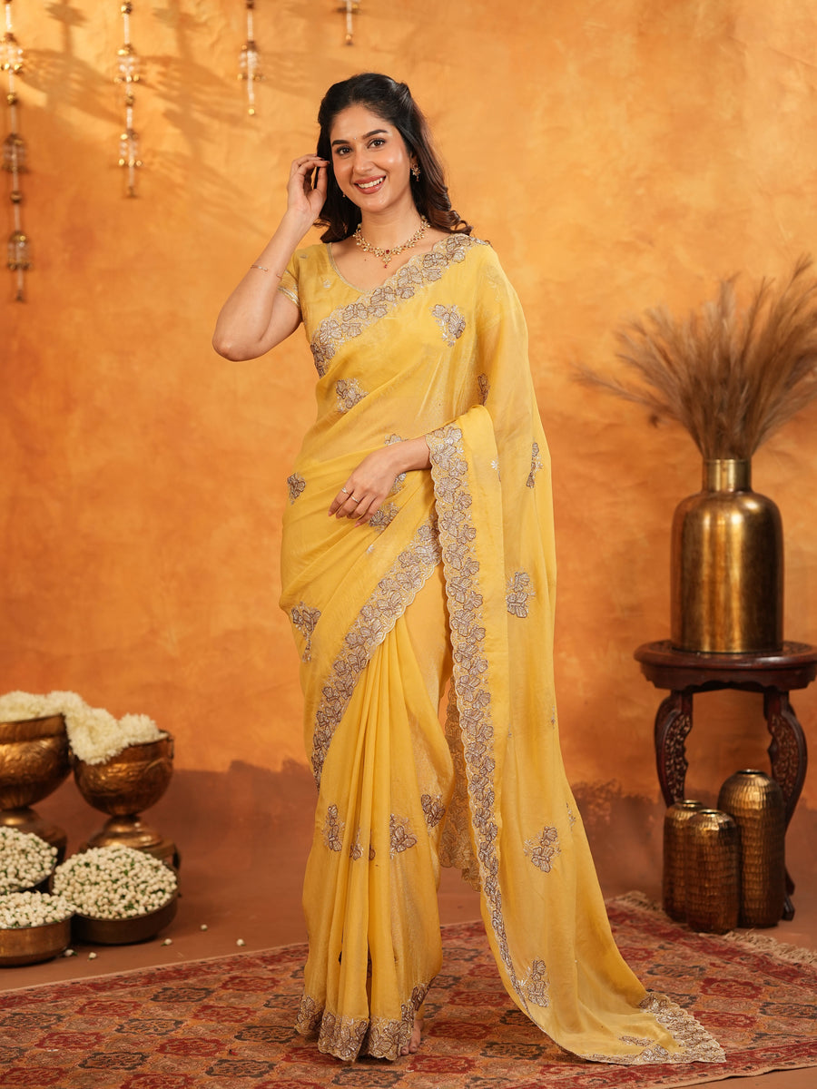Sunshine Yellow Fendy Satin Embroidered Saree with Floral Border & Tassels | Festive Designer Saree with Heavy Embroidered Blouse