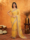 Sunshine Yellow Fendy Satin Embroidered Saree with Floral Border & Tassels | Festive Designer Saree with Heavy Embroidered Blouse