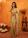 Mehendi Green Banarasi Silk Saree with Floral Zari Butti & Scalloped Embroidered Border | Festive & Wedding Wear Designer Saree