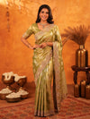 Mehendi Green Banarasi Silk Saree with Floral Zari Butti & Scalloped Embroidered Border | Festive & Wedding Wear Designer Saree