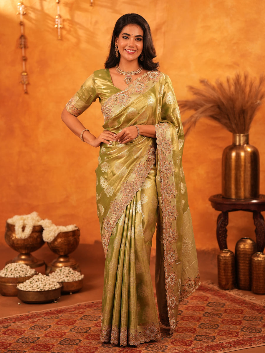 Mehendi Green Banarasi Silk Saree with Floral Zari Butti & Scalloped Embroidered Border | Festive & Wedding Wear Designer Saree