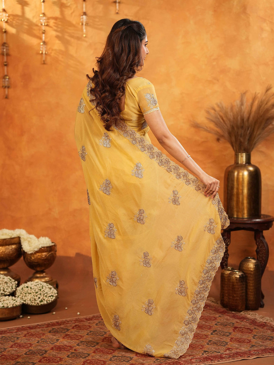 Sunshine Yellow Fendy Satin Embroidered Saree with Floral Border & Tassels | Festive Designer Saree with Heavy Embroidered Blouse