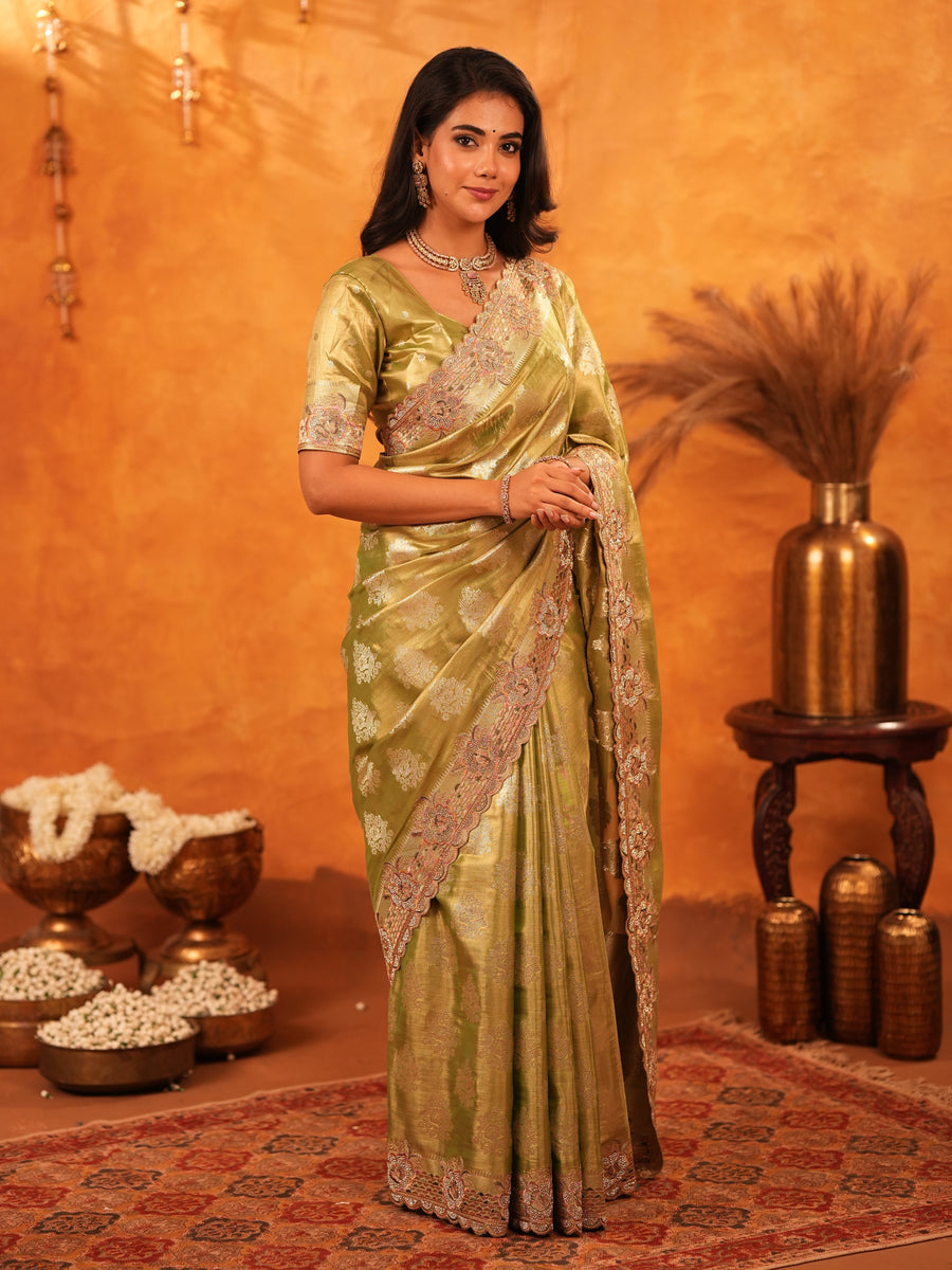 Mehendi Green Banarasi Silk Saree with Floral Zari Butti & Scalloped Embroidered Border | Festive & Wedding Wear Designer Saree