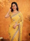 Sunshine Yellow Fendy Satin Embroidered Saree with Floral Border & Tassels | Festive Designer Saree with Heavy Embroidered Blouse