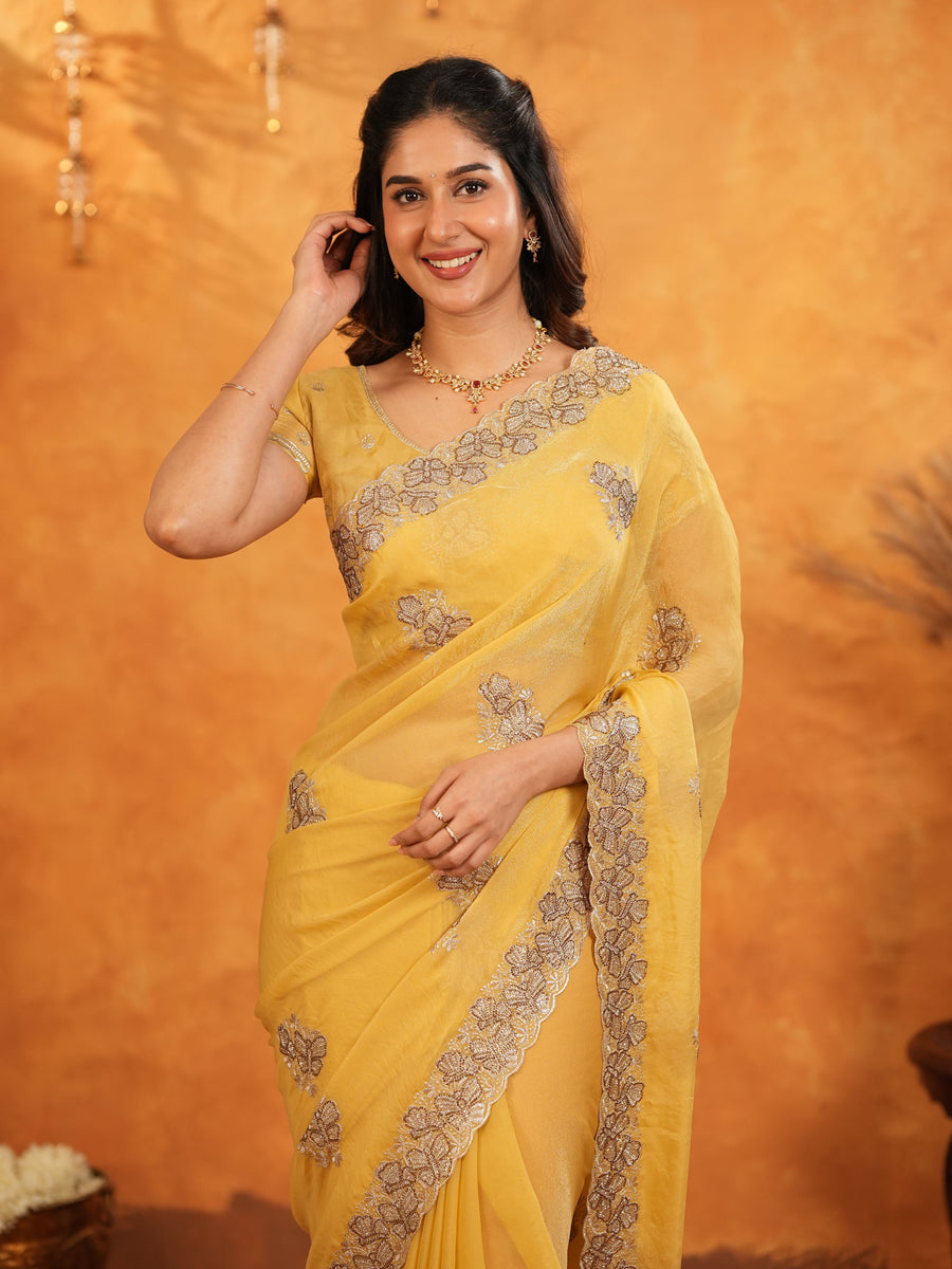 Sunshine Yellow Fendy Satin Embroidered Saree with Floral Border & Tassels | Festive Designer Saree with Heavy Embroidered Blouse
