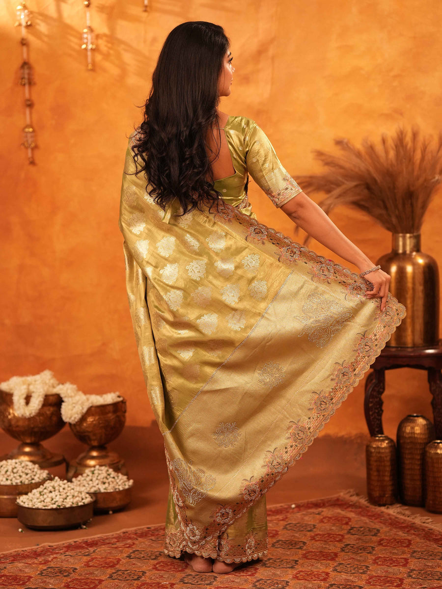 Mehendi Green Banarasi Silk Saree with Floral Zari Butti & Scalloped Embroidered Border | Festive & Wedding Wear Designer Saree