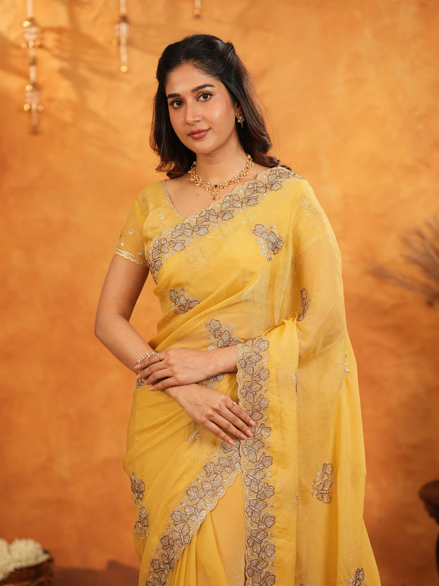 Sunshine Yellow Fendy Satin Embroidered Saree with Floral Border & Tassels | Festive Designer Saree with Heavy Embroidered Blouse