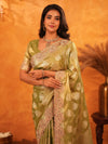 Mehendi Green Banarasi Silk Saree with Floral Zari Butti & Scalloped Embroidered Border | Festive & Wedding Wear Designer Saree