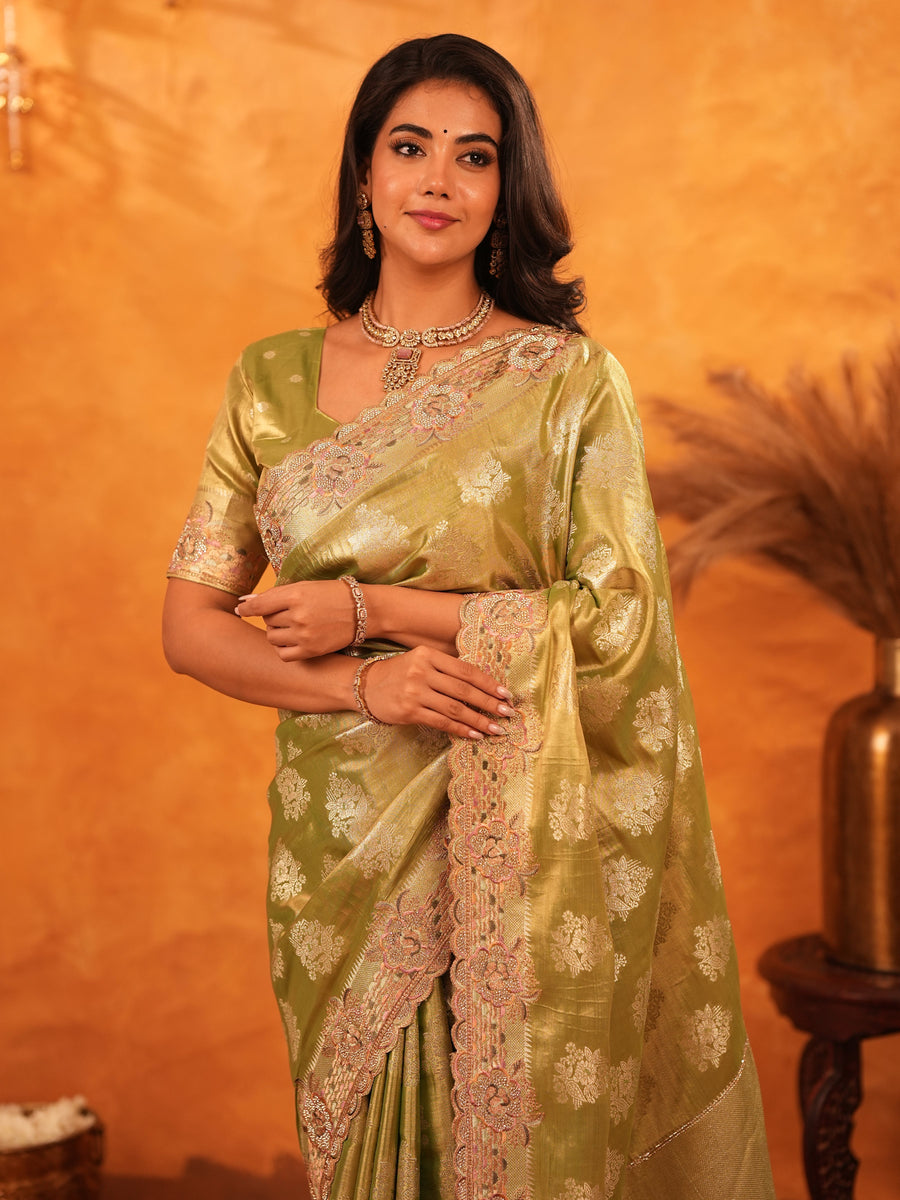 Mehendi Green Banarasi Silk Saree with Floral Zari Butti & Scalloped Embroidered Border | Festive & Wedding Wear Designer Saree