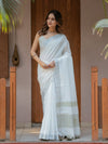 Pure White & Olive Green Handloom Cotton Saree with Minimal Striped Border & Tassel Detailing