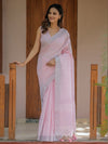 Soft Peach Pink Handloom Cotton Saree with Subtle Striped Weaving & Tassel Detailing