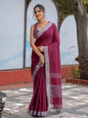 Wine Purple Pure Handloom Cotton Saree with Silver Border & Tassel Detailing