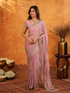 Pastel Baby Pink Fendy Satin Embroidered Saree with Rich Floral Border & Tassels | Designer Saree with Heavy Embroidered Blouse