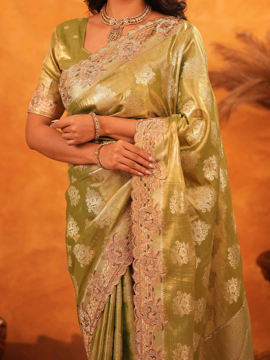 Mehendi Green Banarasi Silk Saree with Floral Zari Butti & Scalloped Embroidered Border | Festive & Wedding Wear Designer Saree