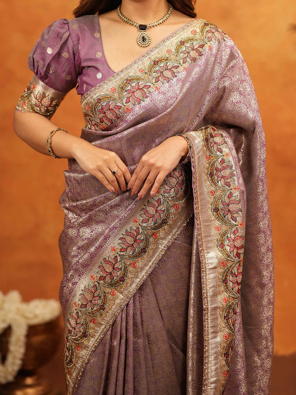 Lavender Purple Banarasi Silk Embroidered Saree with Floral Border & Zari Weaving | Heavy Embroidered Blouse with Tassels | Wedding & Festive Wear Saree