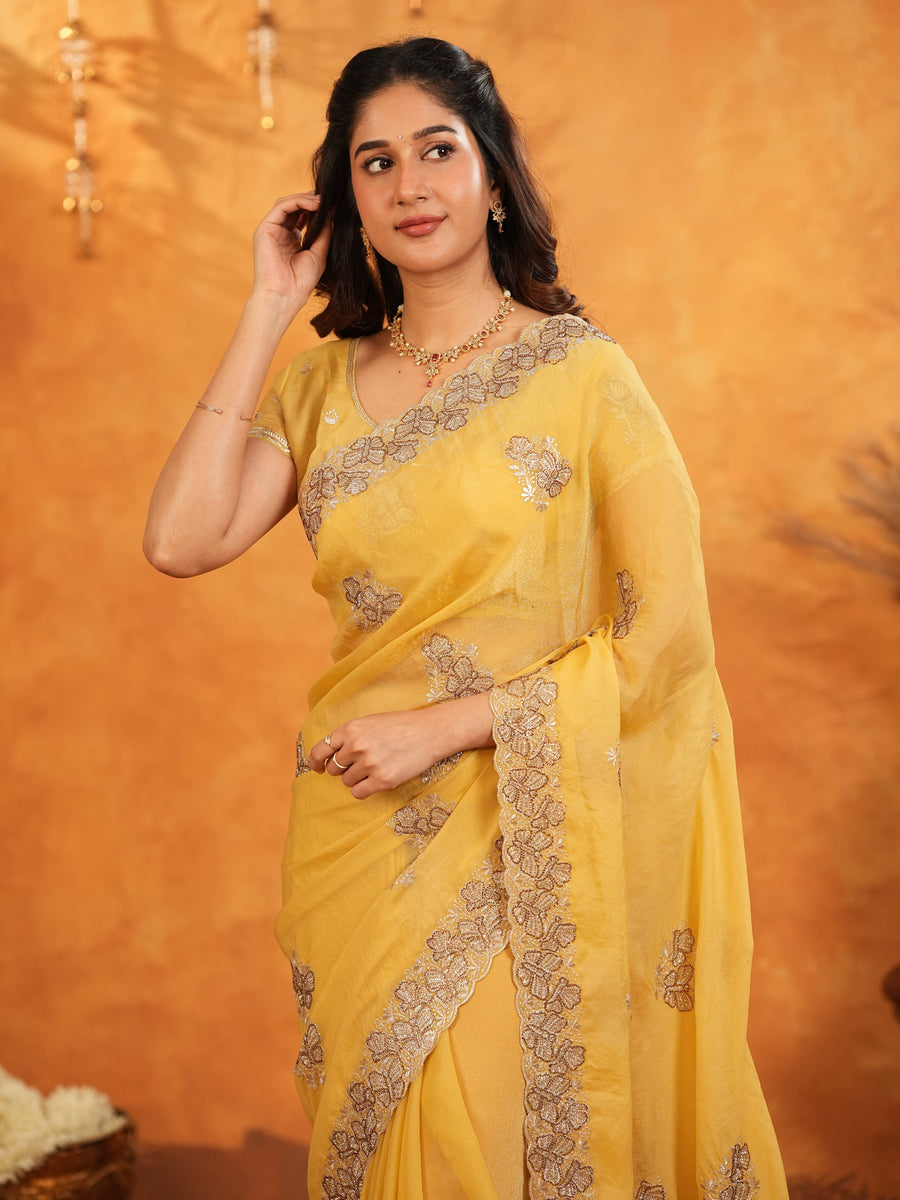 Sunshine Yellow Fendy Satin Embroidered Saree with Floral Border & Tassels | Festive Designer Saree with Heavy Embroidered Blouse