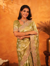 Mehendi Green Banarasi Silk Saree with Floral Zari Butti & Scalloped Embroidered Border | Festive & Wedding Wear Designer Saree