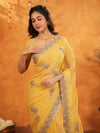 Sunshine Yellow Fendy Satin Embroidered Saree with Floral Border & Tassels | Festive Designer Saree with Heavy Embroidered Blouse