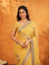 Sunshine Yellow Fendy Satin Embroidered Saree with Floral Border & Tassels | Festive Designer Saree with Heavy Embroidered Blouse