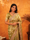 Mehendi Green Banarasi Silk Saree with Floral Zari Butti & Scalloped Embroidered Border | Festive & Wedding Wear Designer Saree