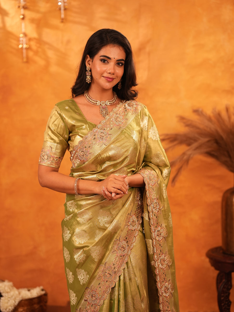 Mehendi Green Banarasi Silk Saree with Floral Zari Butti & Scalloped Embroidered Border | Festive & Wedding Wear Designer Saree