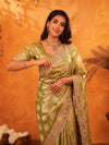 Mehendi Green Banarasi Silk Saree with Floral Zari Butti & Scalloped Embroidered Border | Festive & Wedding Wear Designer Saree
