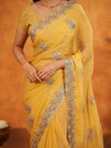Sunshine Yellow Fendy Satin Embroidered Saree with Floral Border & Tassels | Festive Designer Saree with Heavy Embroidered Blouse