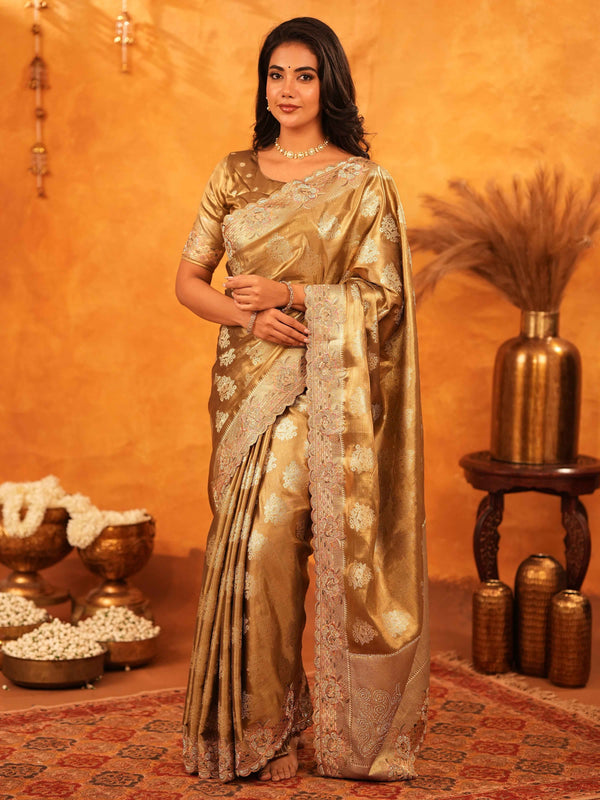 Antique Gold Banarasi Silk Saree with Floral Zari Butti & Scalloped Embroidered Border | Wedding & Festive Wear Designer Saree