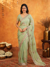 Mint Green Fendy Satin Embroidered Saree with Floral Work & Tassels | Soft Pastel Designer Saree with Heavy Embroidered Blouse