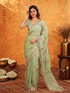 Mint Green Fendy Satin Embroidered Saree with Floral Work & Tassels | Soft Pastel Designer Saree with Heavy Embroidered Blouse