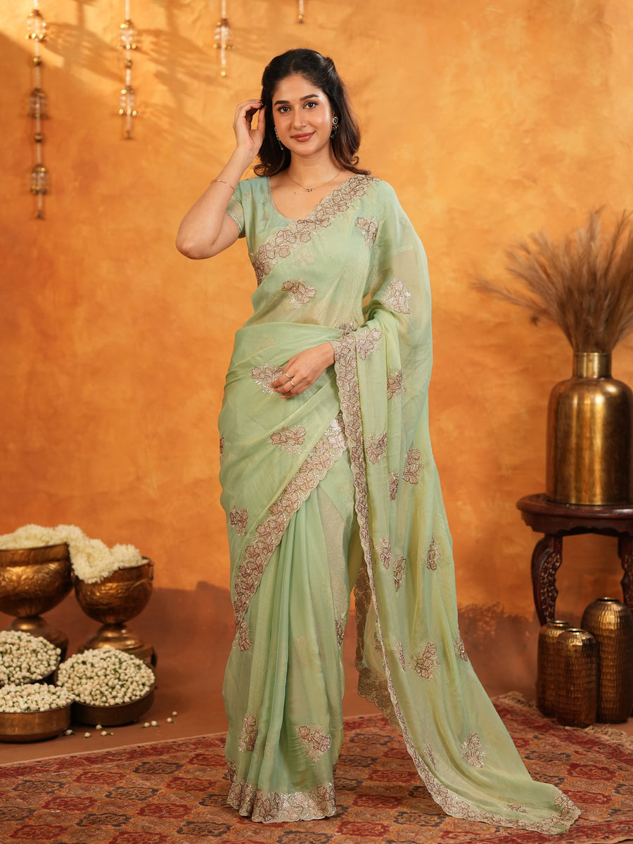 Mint Green Fendy Satin Embroidered Saree with Floral Work & Tassels | Soft Pastel Designer Saree with Heavy Embroidered Blouse