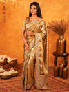 Antique Gold Banarasi Silk Saree with Floral Zari Butti & Scalloped Embroidered Border | Wedding & Festive Wear Designer Saree
