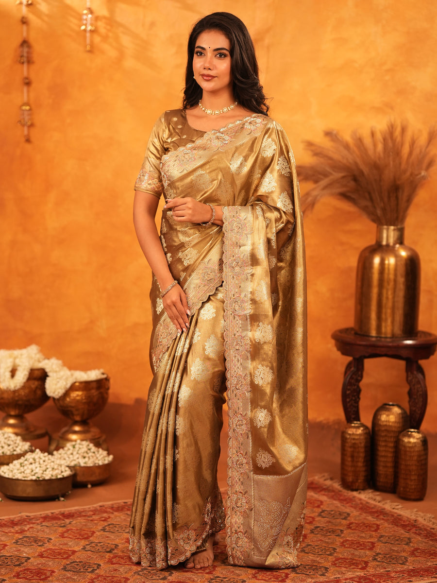 Antique Gold Banarasi Silk Saree with Floral Zari Butti & Scalloped Embroidered Border | Wedding & Festive Wear Designer Saree