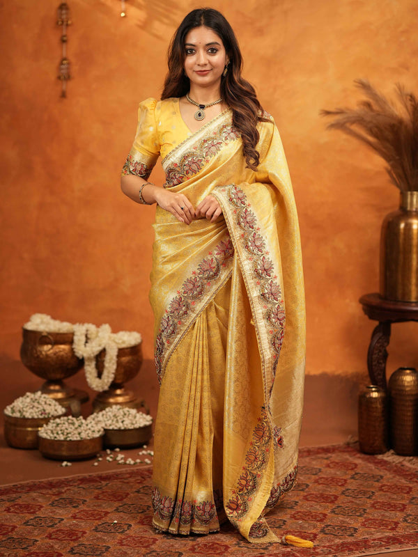 Mustard Yellow Banarasi Silk Embroidered Saree with Floral Border & Zari Weaving | Heavy Embroidered Blouse with Tassels | Wedding & Festive Wear Saree