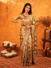 Antique Gold Banarasi Silk Saree with Floral Zari Butti & Scalloped Embroidered Border | Wedding & Festive Wear Designer Saree