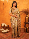 Antique Gold Banarasi Silk Saree with Floral Zari Butti & Scalloped Embroidered Border | Wedding & Festive Wear Designer Saree