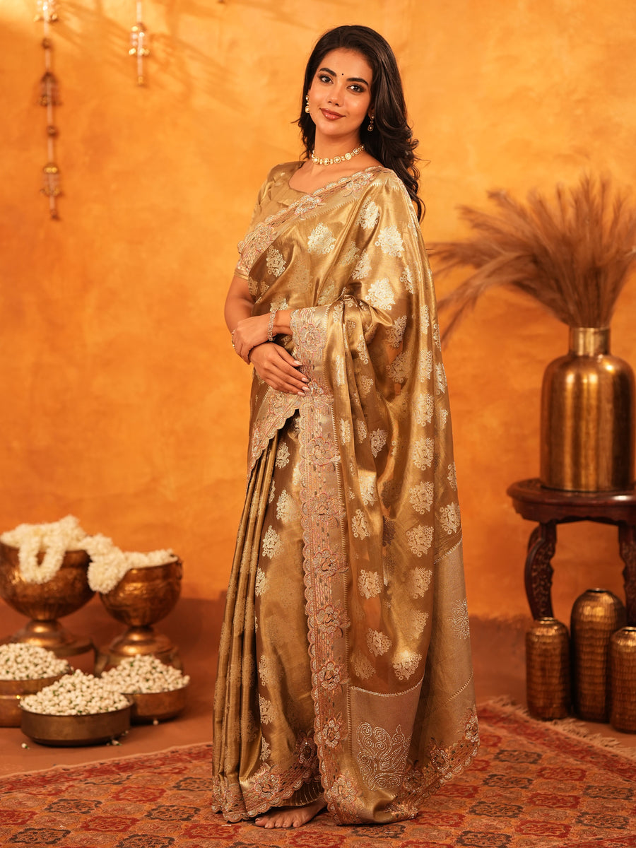 Antique Gold Banarasi Silk Saree with Floral Zari Butti & Scalloped Embroidered Border | Wedding & Festive Wear Designer Saree