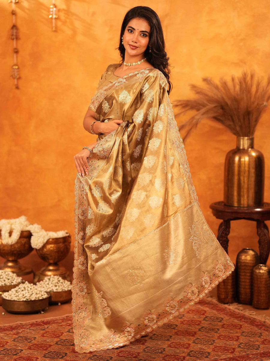 Antique Gold Banarasi Silk Saree with Floral Zari Butti & Scalloped Embroidered Border | Wedding & Festive Wear Designer Saree