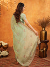 Mint Green Fendy Satin Embroidered Saree with Floral Work & Tassels | Soft Pastel Designer Saree with Heavy Embroidered Blouse