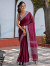 Wine Purple Pure Handloom Cotton Saree with Silver Border & Tassel Detailing