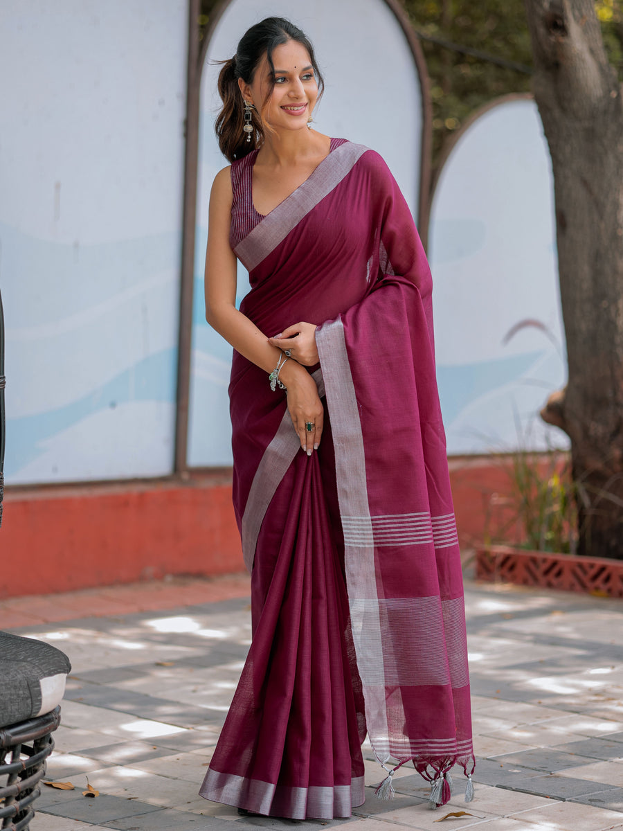 Wine Purple Pure Handloom Cotton Saree with Silver Border & Tassel Detailing