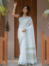 Pure White & Olive Green Handloom Cotton Saree with Minimal Striped Border & Tassel Detailing