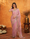 Pastel Baby Pink Fendy Satin Embroidered Saree with Rich Floral Border & Tassels | Designer Saree with Heavy Embroidered Blouse
