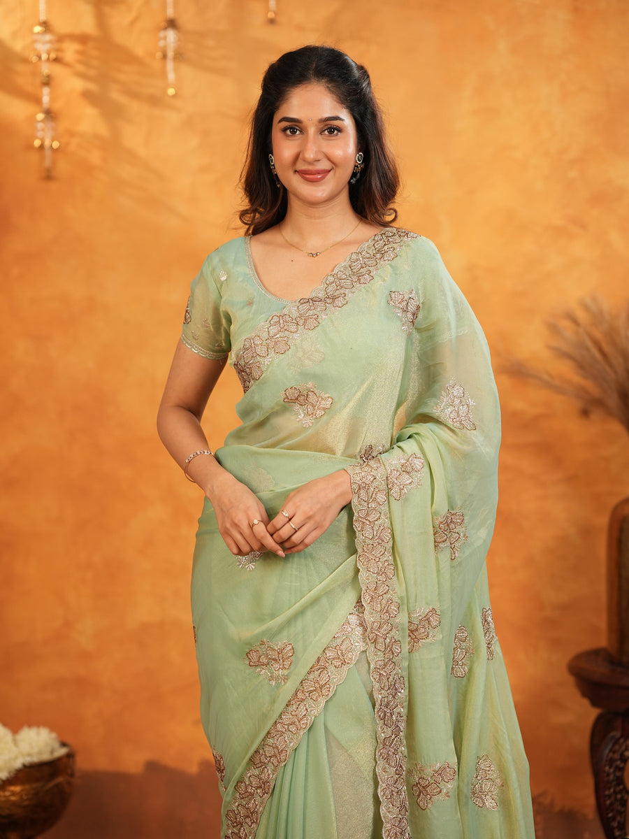 Mint Green Fendy Satin Embroidered Saree with Floral Work & Tassels | Soft Pastel Designer Saree with Heavy Embroidered Blouse