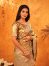 Antique Gold Banarasi Silk Saree with Floral Zari Butti & Scalloped Embroidered Border | Wedding & Festive Wear Designer Saree