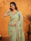 Mint Green Fendy Satin Embroidered Saree with Floral Work & Tassels | Soft Pastel Designer Saree with Heavy Embroidered Blouse