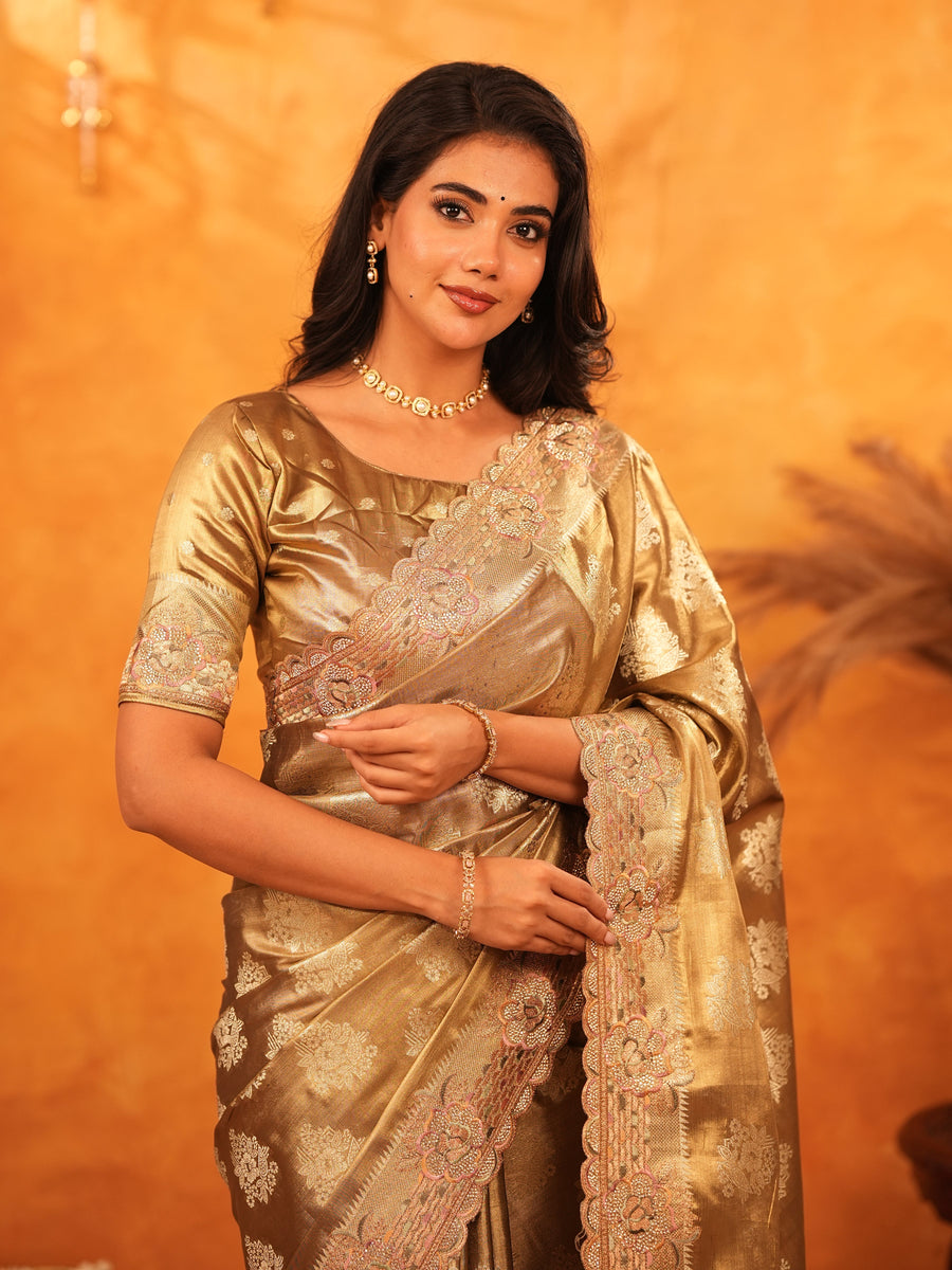 Antique Gold Banarasi Silk Saree with Floral Zari Butti & Scalloped Embroidered Border | Wedding & Festive Wear Designer Saree