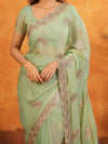 Mint Green Fendy Satin Embroidered Saree with Floral Work & Tassels | Soft Pastel Designer Saree with Heavy Embroidered Blouse