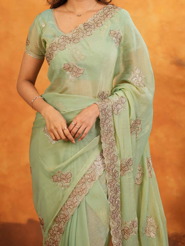 Mint Green Fendy Satin Embroidered Saree with Floral Work & Tassels | Soft Pastel Designer Saree with Heavy Embroidered Blouse